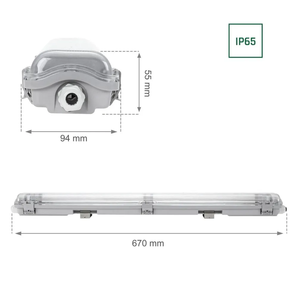 60cm LED Halterung IP65 + 2 LED High Lumen Leuchtstoffröhren 10W pro Röhre - 4000K 840 Neutralweiß - Komplettset