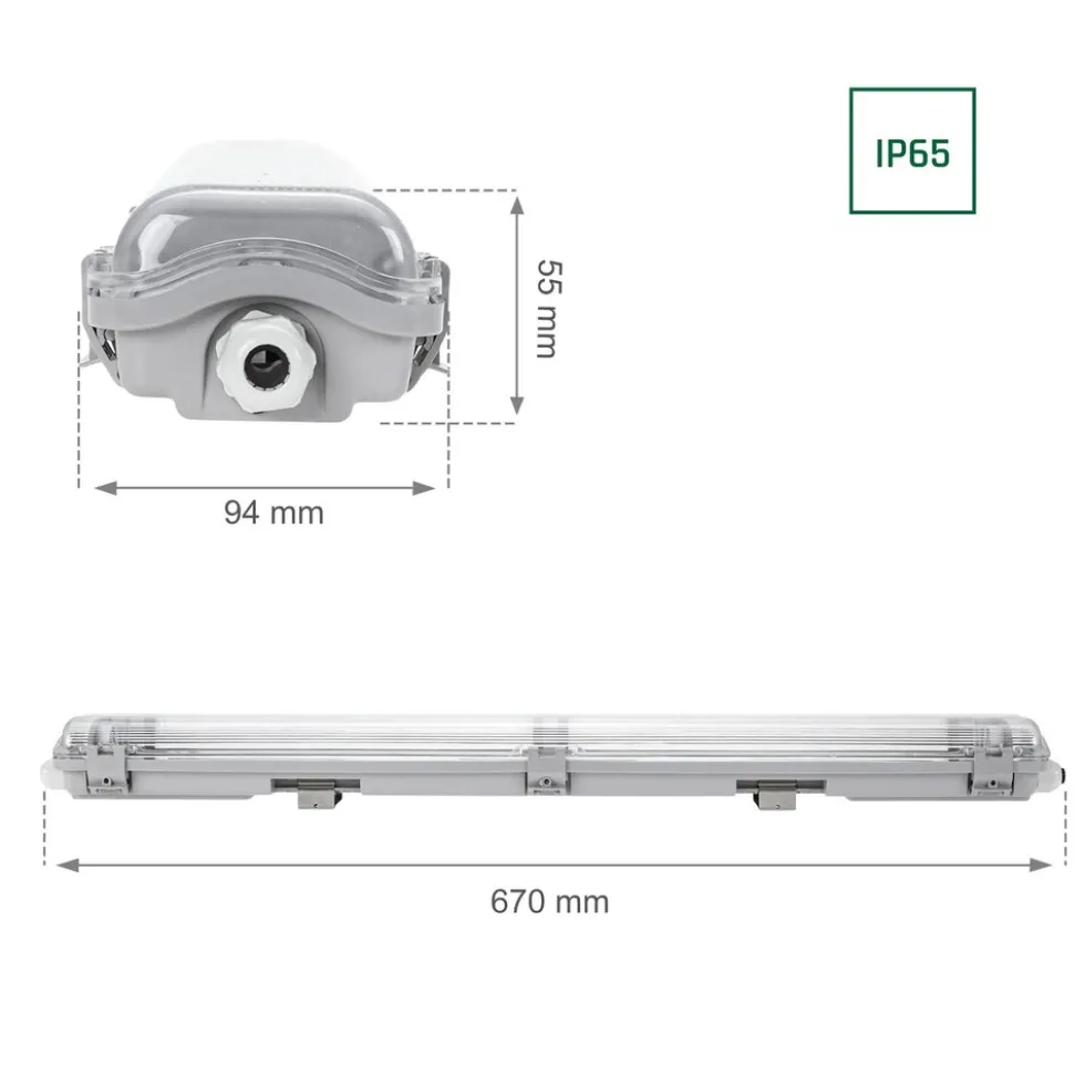 60cm LED Halterung IP65 + 2 Standard LED Leuchtstoffröhren 10W pro Röhre - 3000K 830 Warmweiß - Komplettset