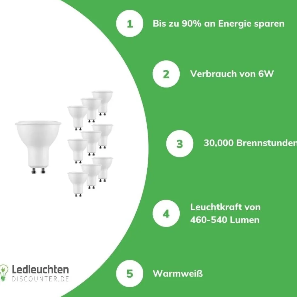 10er Pack - GU10 LED Spots - 6W entspricht 45W - Lichtfarbe optional