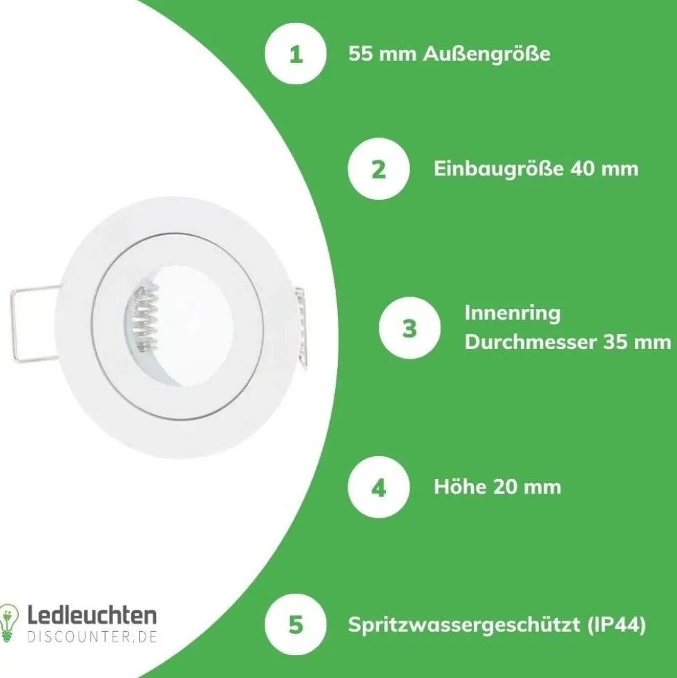 GU11 / MR11 Spot Einbaurahmen 45 mm - Außengröße 55 mm - Weiß - rund - wasserdicht IP44