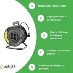 Kabeltrommel 50meter - 4-fach mit Schutzkontaktsteckdosen | Schwarz Kunststoff - H05VV 3G1,5 mm²