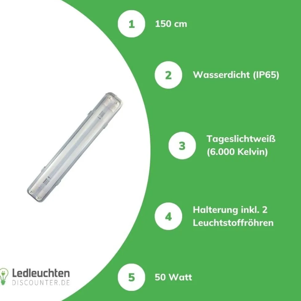 Komplettset - 150cm Doppelfassung - IP65 Feuchtraum -Wannenleuchte + 2 x 25W LED Leuchtstoffröhren 6000K - 865 - Tageslichtweiß