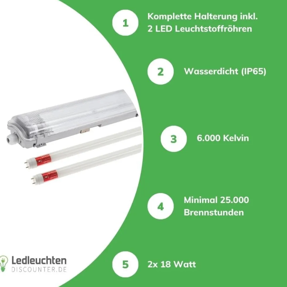 Komplettset - 120cm Doppelfassung - IP65 Feuchtraum - Wannenleuchte + 2 x 18W LED Leuchtstoffröhren - 6000K - 865 - Tageslichtweiß