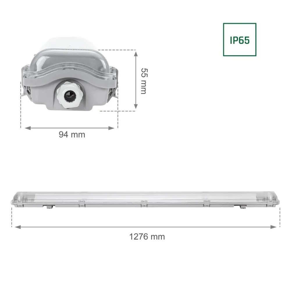 Komplettset - 120cm Doppelfassung - IP65 Feuchtraum - Wannenleuchte + 2 x 18W LED Leuchtstoffröhren - 6000K - 865 - Tageslichtweiß