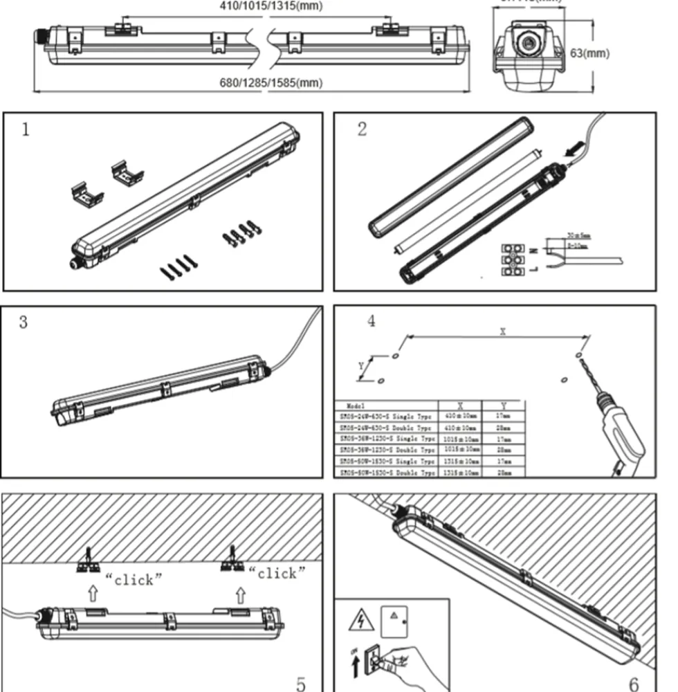 Komplettset - 120cm Doppelfassung - IP65 Feuchtraum - Wannenleuchte + 2 x 18W LED Leuchtstoffröhren - 6000K - 865 - Tageslichtweiß