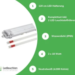Komplettset - 120cm Doppelfassung - IP65 Feuchtraum - Wannenleuchte + 2 x 18W LED Röhren 4000K - 840 - Neutralweiß - Komplett