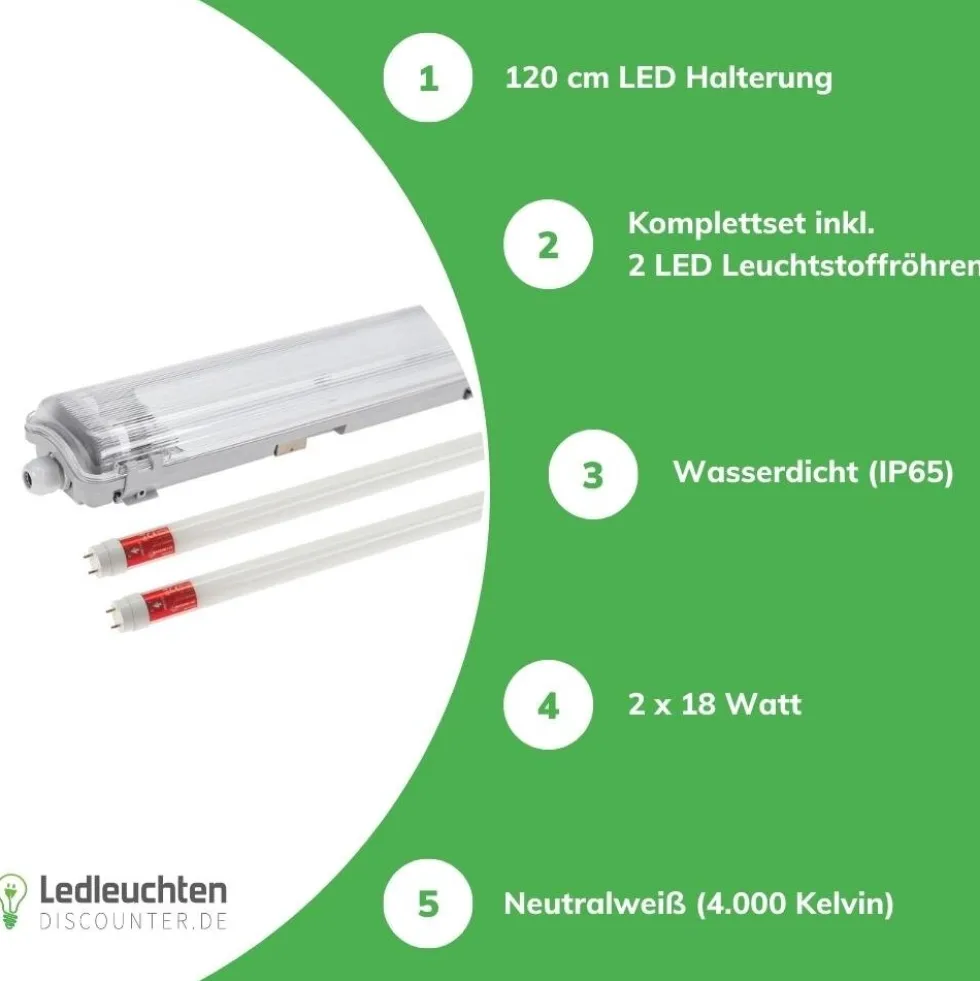 Komplettset - 120cm Doppelfassung - IP65 Feuchtraum - Wannenleuchte + 2 x 18W LED Röhren 4000K - 840 - Neutralweiß - Komplett