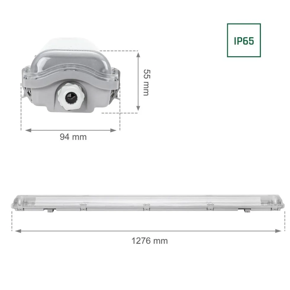 Komplettset - 120cm Doppelfassung - IP65 Feuchtraum - Wannenleuchte + 2 x 18W LED Röhren 4000K - 840 - Neutralweiß - Komplett