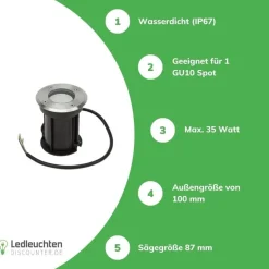 LED Bodenspot GU10 - IP67 - Rund Alu - 108mm | Einbaumaß 100mm - 230V