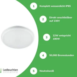 LED Deckenleuchte - IP65 wasserdicht - 22W entspricht 190W - Neutralweiß 4000K - 5 Jahre Garantie