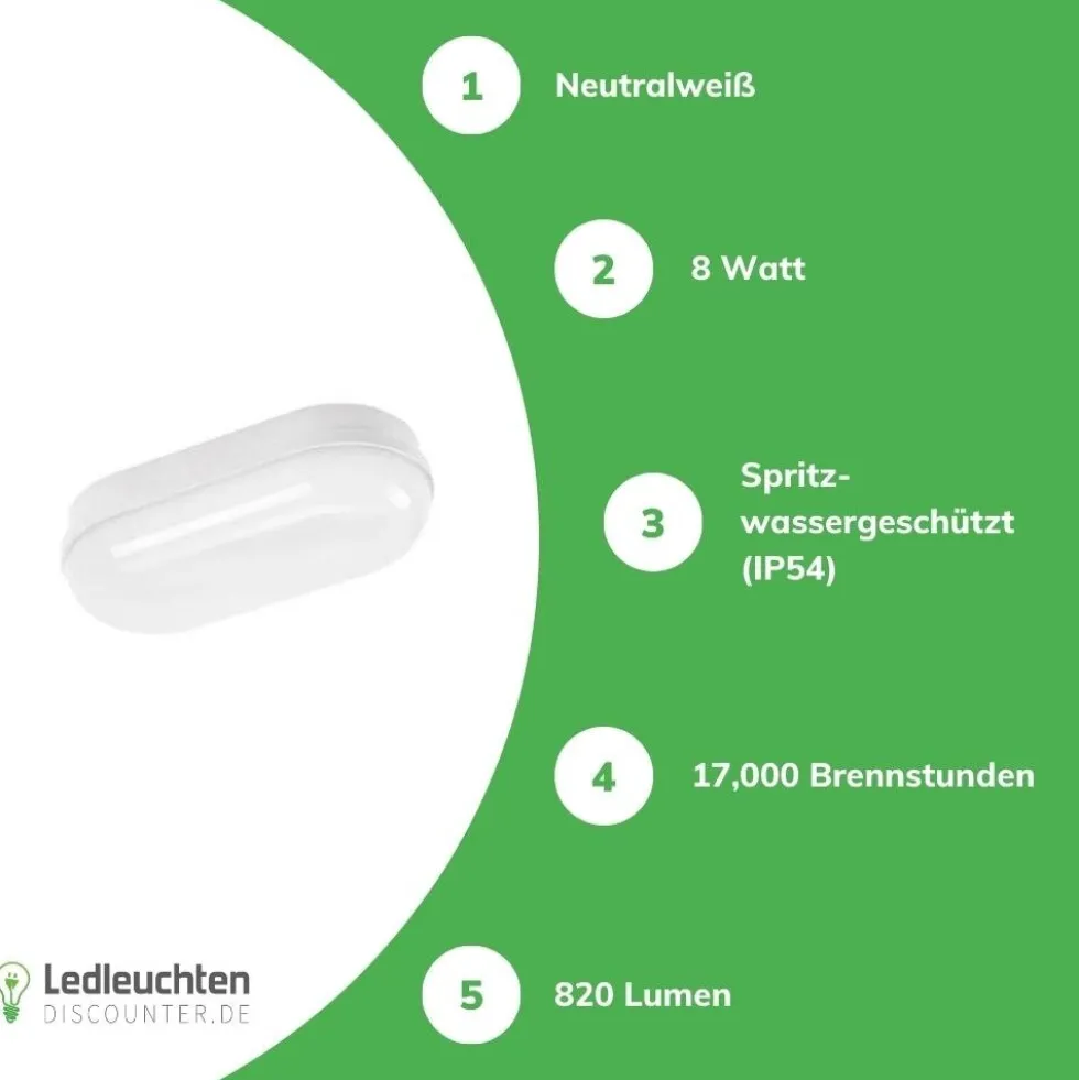LED Deckenleuchte oval - 8W 4000K - IP54 spritzwassergeschützt