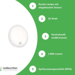 LED-Deckenleuchte - rund - mit Sensor - 20W 4000K - IP54 - 230V