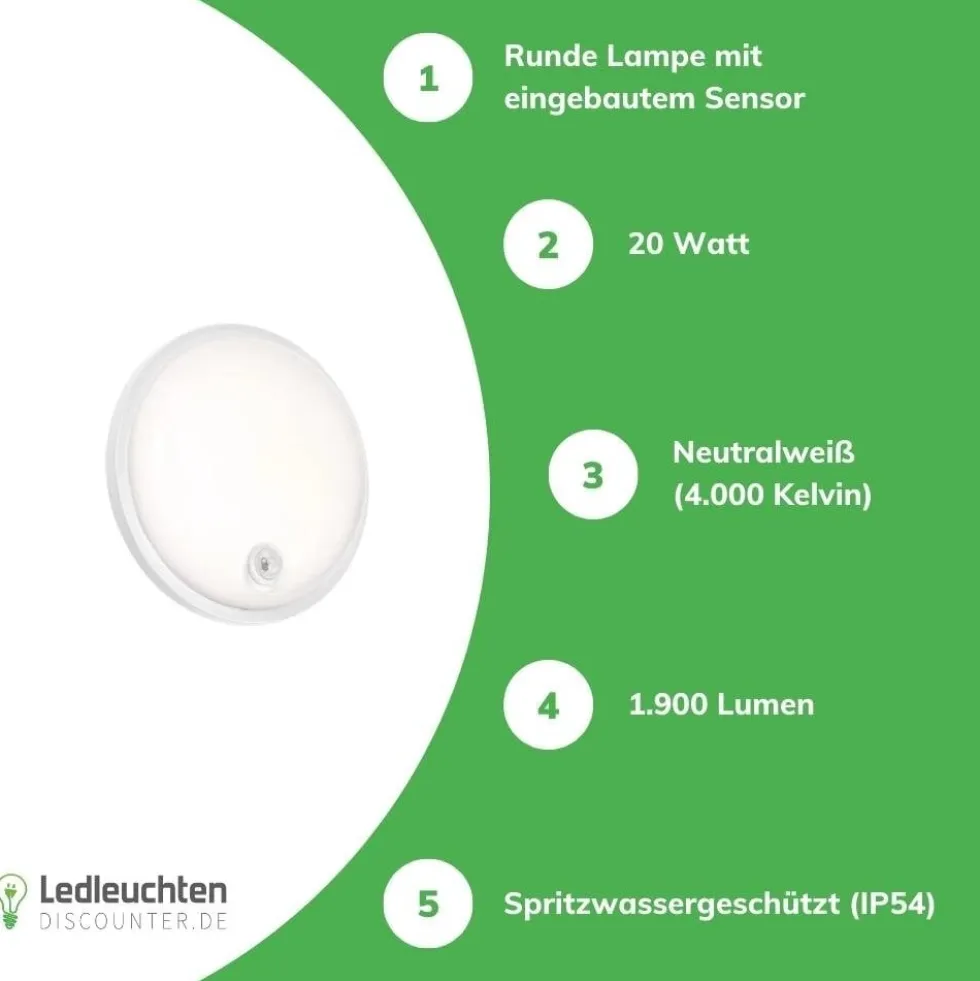 LED-Deckenleuchte - rund - mit Sensor - 20W 4000K - IP54 - 230V