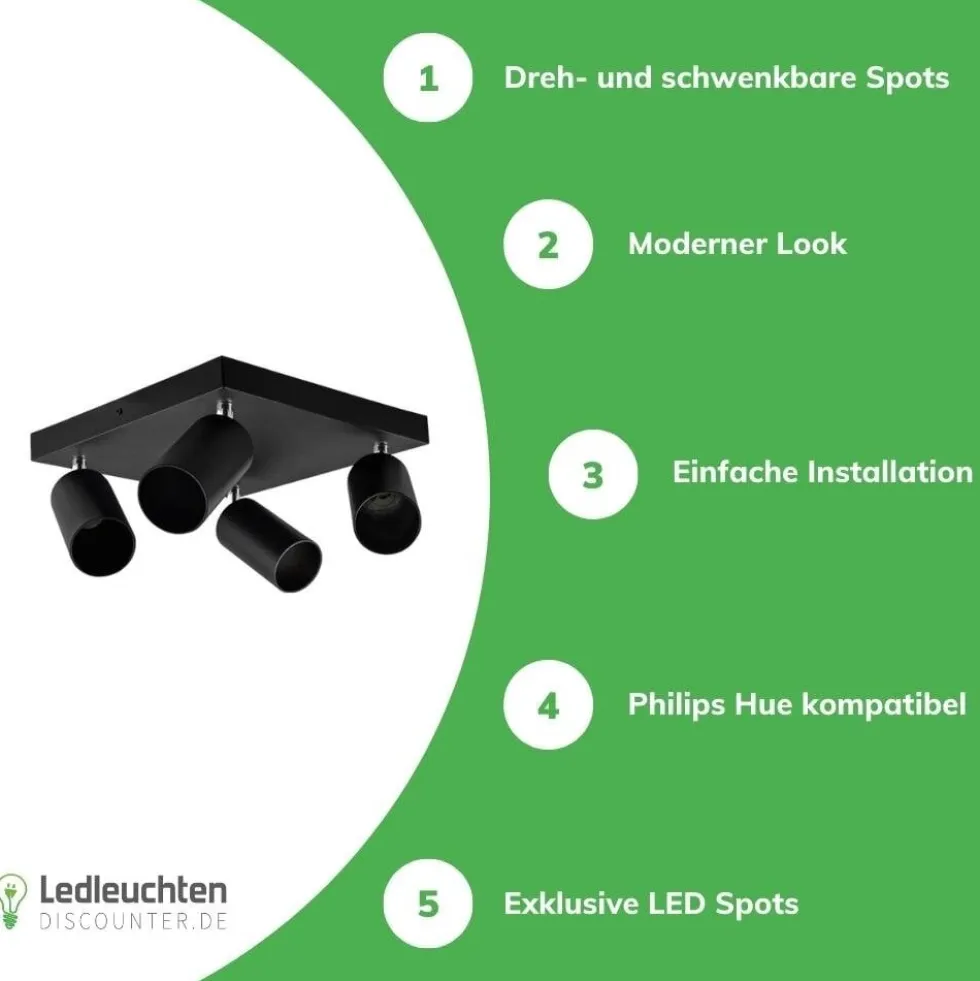 LED Deckenspot Mattschwarz - 4 verstellbare GU10 Fassungen für LED Spots - exkl. LED Spot