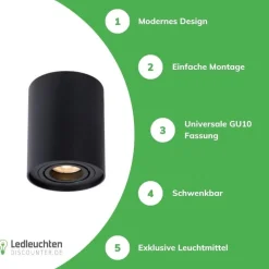 LED Deckenspot - Tube rund - Schwarz - mit GU10 Fassung - schwenkbar - exkl. LED Spot