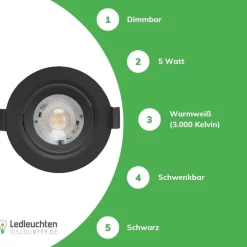 LED Einbauspot dimmbar - 5W entspricht 50W - 3000K Warmweiß - schwenkbar - Schwarz
