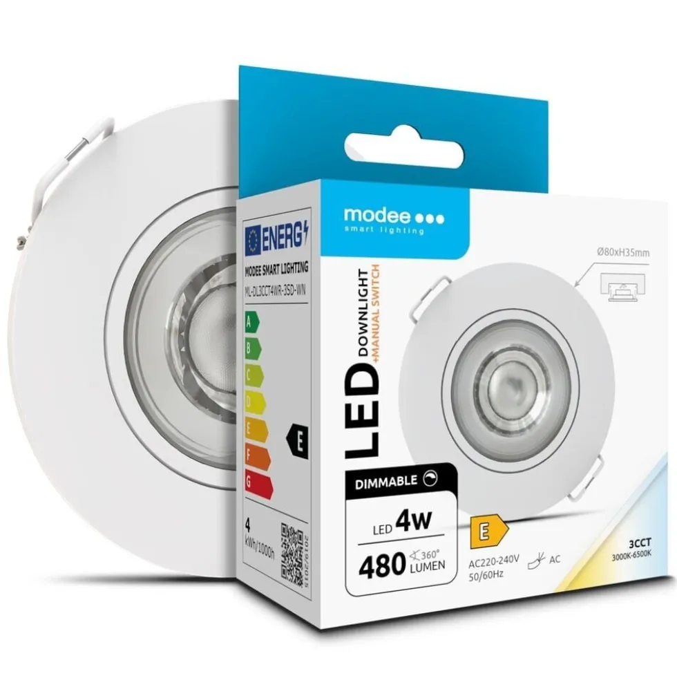 LED-Einbaustrahler - Weiß - 4W - 3CCT - 3000K/4000K/6500K - 480lm - IP44 - 80mm - Schwenkbar - Dimmbar | Ausschnittgröße 68mm