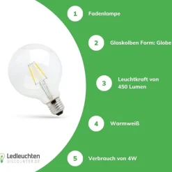LED Fadenlampe E27 - G95 - 4W entspricht 40W - 2700K Warmweiß - großer Glaskolben
