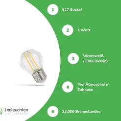 LED Fadenlampe G45 - E27 Sockel - 1W Filament - 3000K Warmweiß