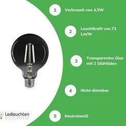 LED Fadenlampe Smoked glass E27 - G125 - 4,5W - 4000K Neutralweiß - XL Glaskolben
