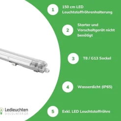 LED-Feuchtraumleuchte IP65 T8/G13 - 150cm Grau | 1- oder 2-Fassungen für 150cm LED Röhren Universal | IK10 Wannenleuchte
