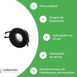 LED GU11 / MR11 Strahler Einbaurahmen 35mm - Schwarz rund - wasserdicht IP44 - Sägegröße 45mm - Außengröße 55mm
