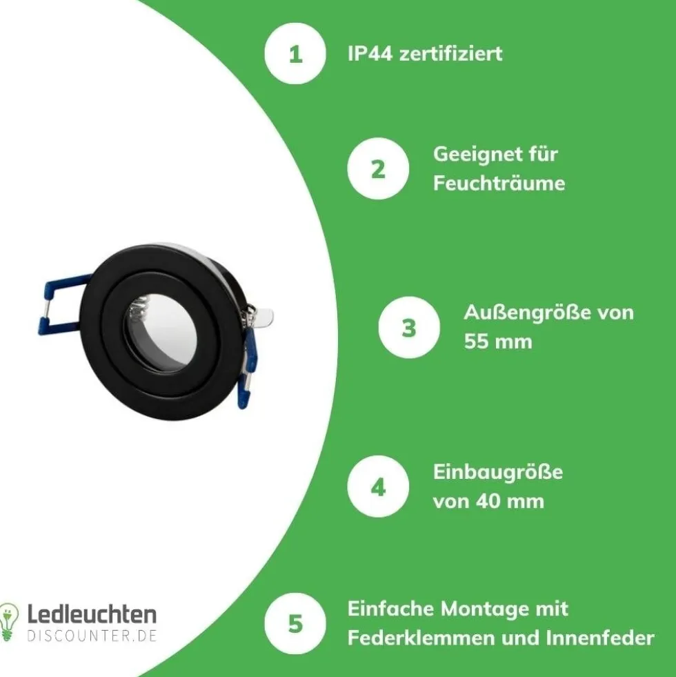LED GU11 / MR11 Strahler Einbaurahmen 35mm - Schwarz rund - wasserdicht IP44 - Sägegröße 45mm - Außengröße 55mm