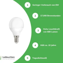 LED Lampe - E14 Sockel - 8W entspricht 50-60W - Tageslichtweiß 6000K