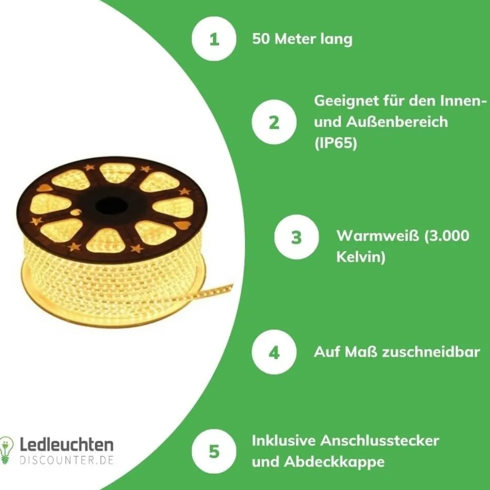LED Lichtschlauch Pro V3 7MM | 200W 24.000Lm – 3000K 830 Warmweiß | 50 Meter Baustellenbeleuchtung | Plug & Play | 120 LEDs/m