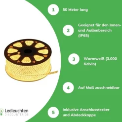 LED Lichtschlauch V2 11MM – 350W 25.000Lm – 3000K 830 Warmweiß | 50 Meter – Baustellenbeleuchtung – Plug & Play – 60 LEDs/m