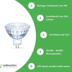 LED MR16 / GU5.3 Strahler 12V 3W 3000K Warmweiß entspricht 25W