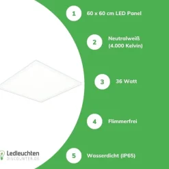 LED Panel IP65 Backlit 62x62cm - 4000K 830 - 36W 4320Lm - URG19 Prisma - 5 Jahr Garantie