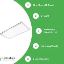 LED Panel 30x60 cm - 24W - Warmweiß - 3000K 2125Lm inkl. Trafo 5 Jahre Garantie