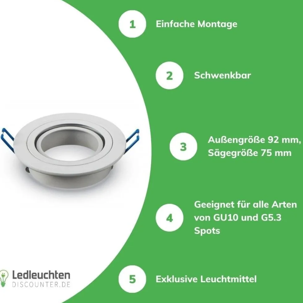 LED Spot Einbaurahmen für GU10 / MR16 - 75mm - weiß - rund - schwenkbar - Einbaugröße 92mm