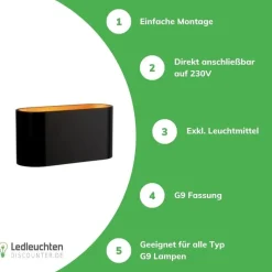 LED Wandleuchte oval - Schwarz Gold - mit G9 Fassung - 80x80x160 mm