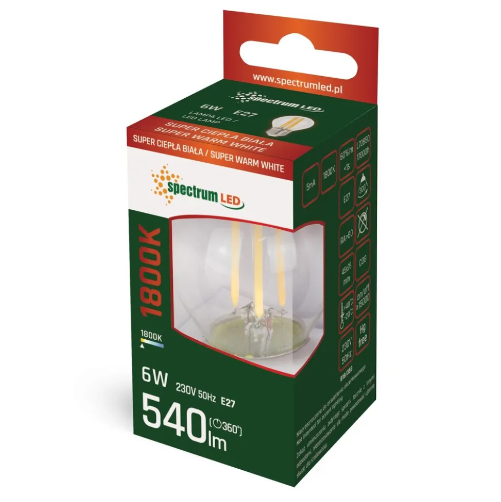 Spectrum LED Filament Leuchtmittel Tropfenform Kugel 6W E27 klar 540lm extra warmweiß 1800K