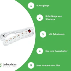Steckdosenleiste 6-fach mit Ein- und Ausschalter- Kabellänge optional
