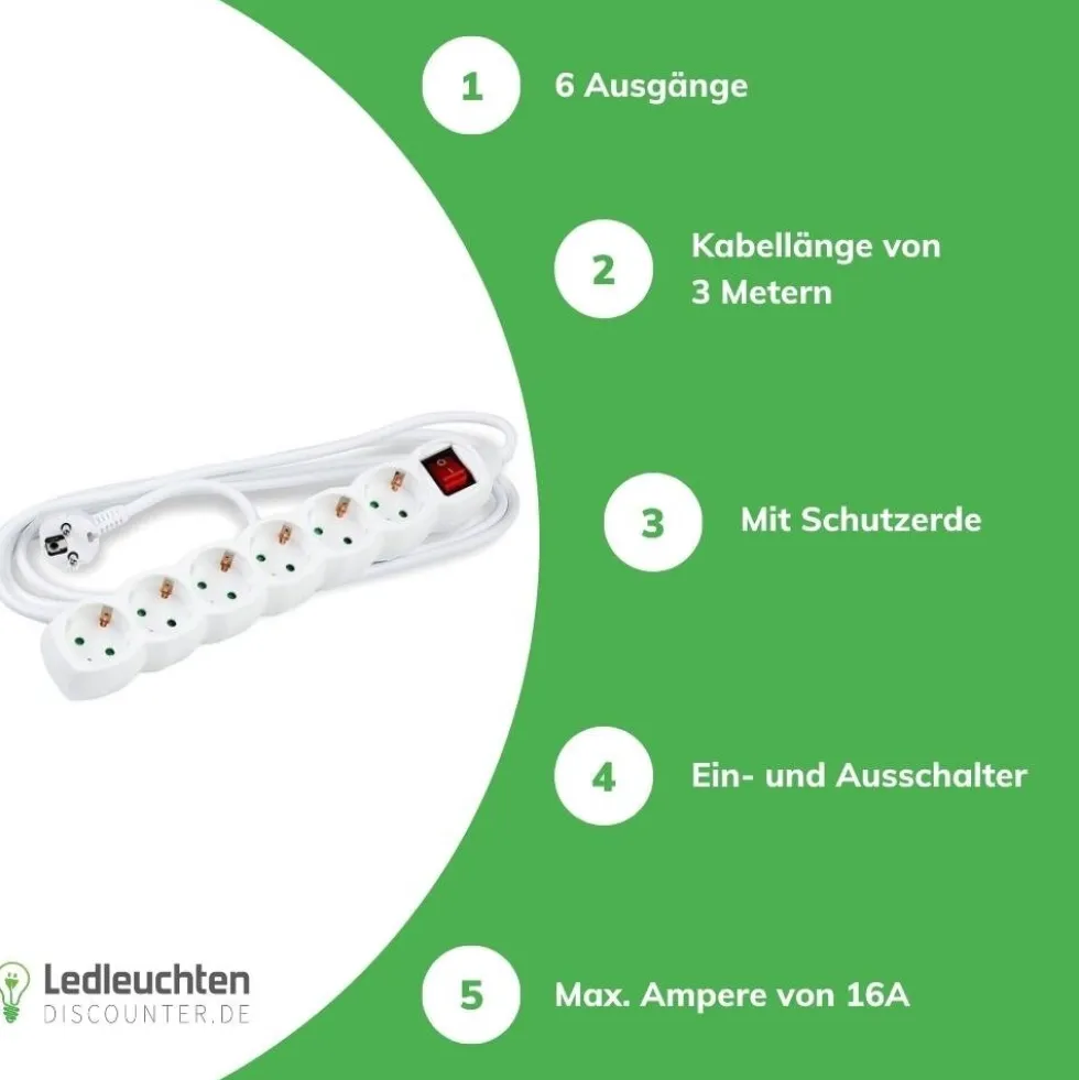 Steckdosenleiste 6-fach mit Ein- und Ausschalter- Kabellänge optional
