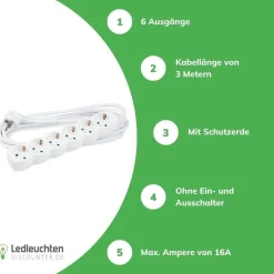 Steckdosenleiste 6-fach - Weiß - Kabellänge optional