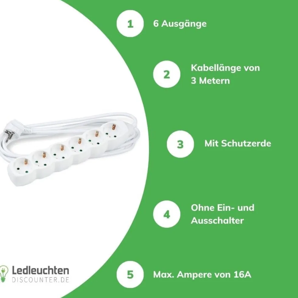 Steckdosenleiste 6-fach - Weiß - Kabellänge optional