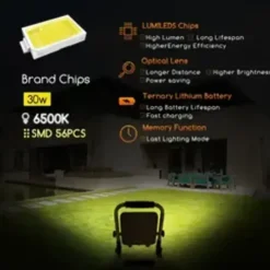 Wiederaufladbare LED-Arbeitsleuchte IP65 – 30 W, 1000 Lumen – 6500 K Tageslichtweiß – Bis zu 12 Stunden Betriebszeit